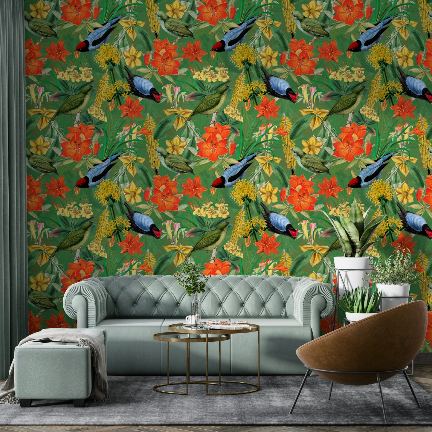 Botanical Birdsong Wallpaper with vibrant green leaves