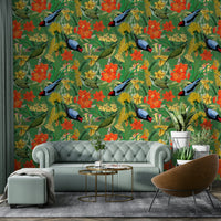 Botanical Birdsong Wallpaper with vibrant green leaves
