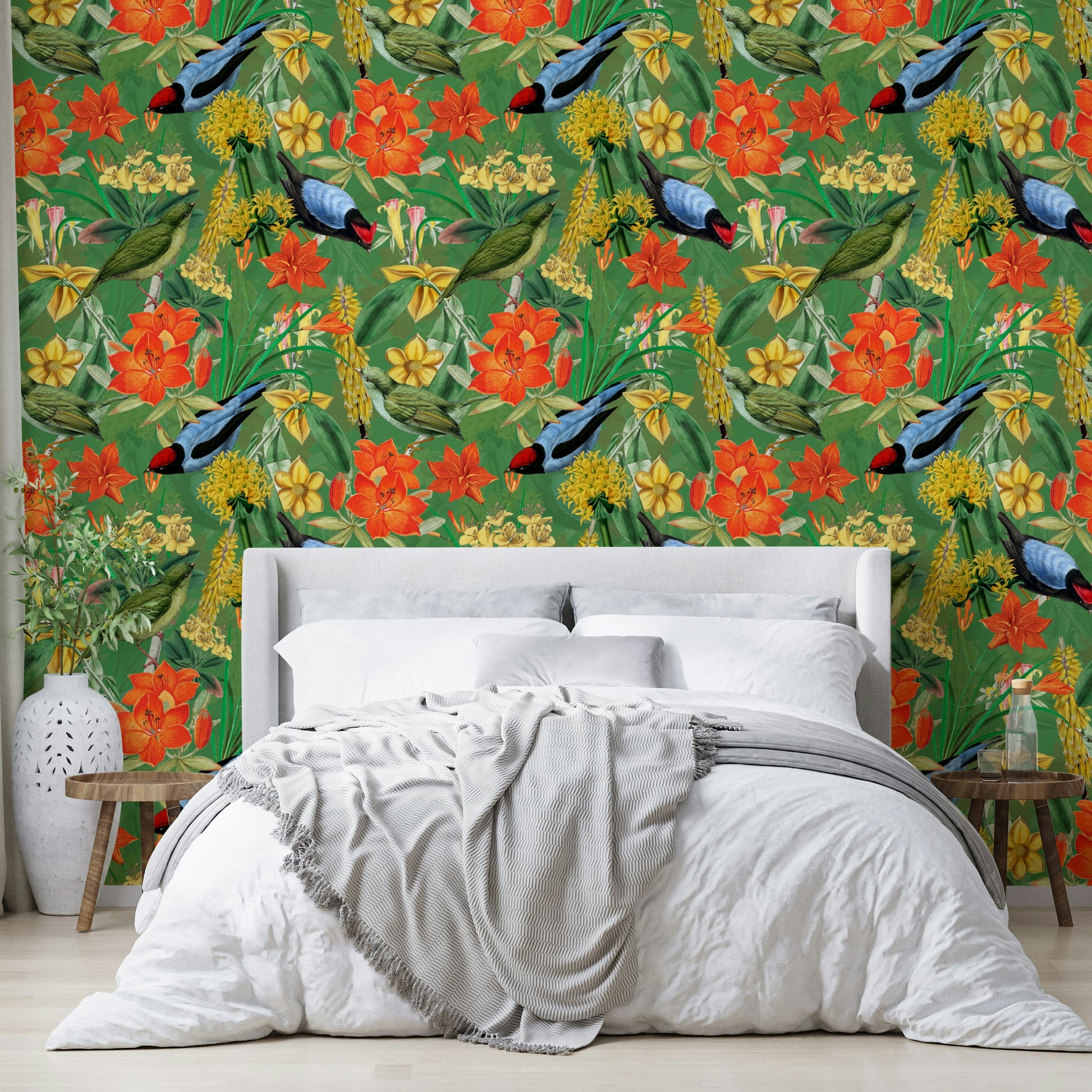 Botanical Birdsong Wallpaper in a lush garden design