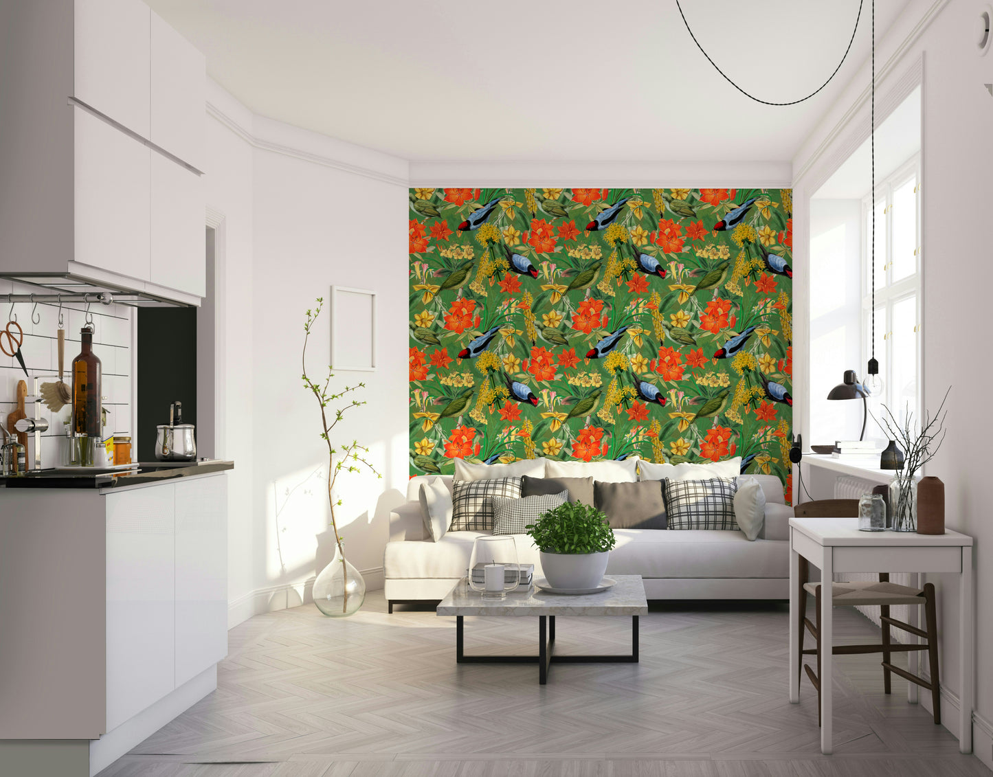 Lively green leaves and birds in Botanic Birdsong print