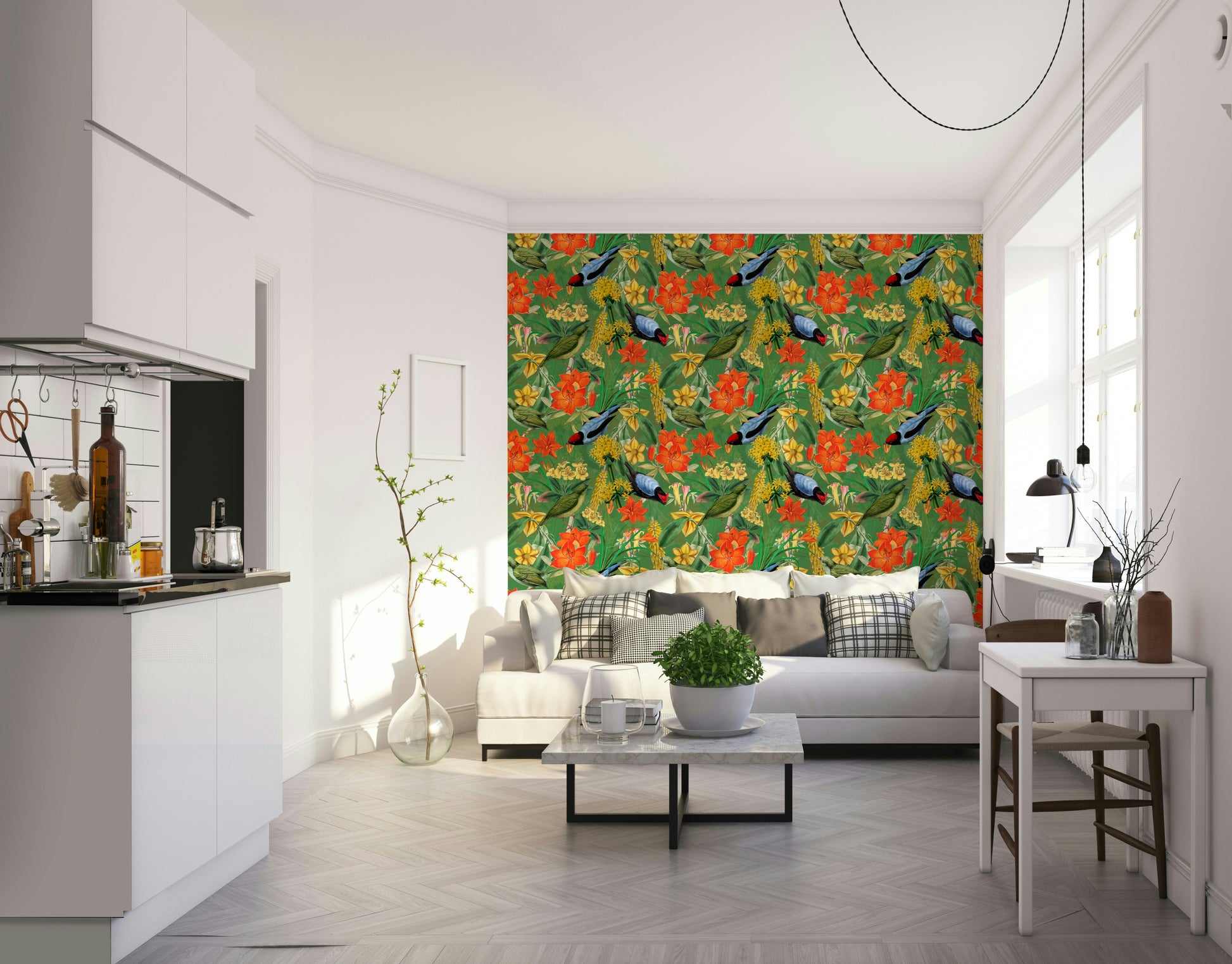 Lively green leaves and birds in Botanic Birdsong print