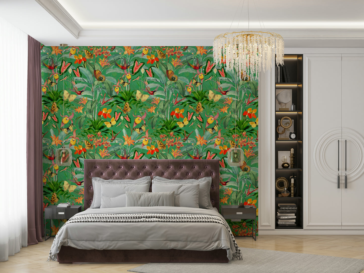 Vibrant green tropical wallpaper with lush botanical patterns

