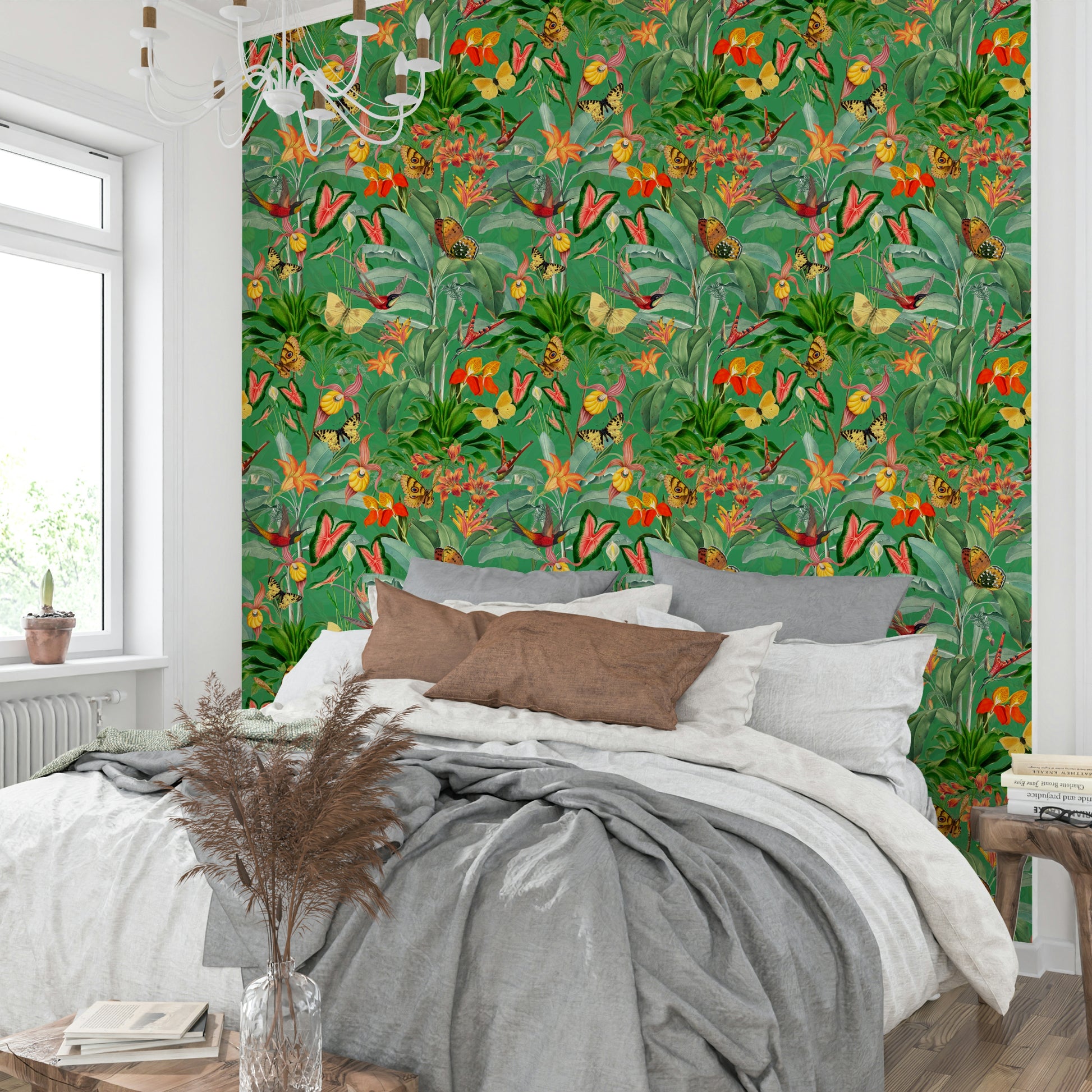 Elegant botanical wallpaper with rich emerald green shades

