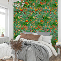 Elegant botanical wallpaper with rich emerald green shades

