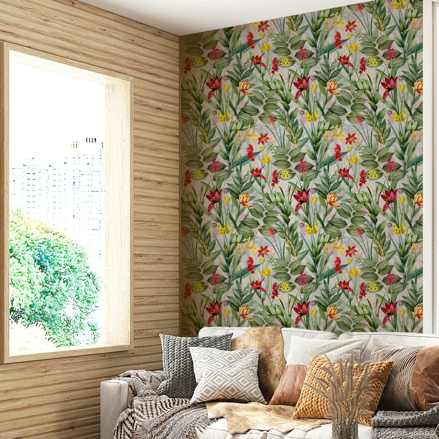 Floral wallpaper featuring a bright and lively garden design.

