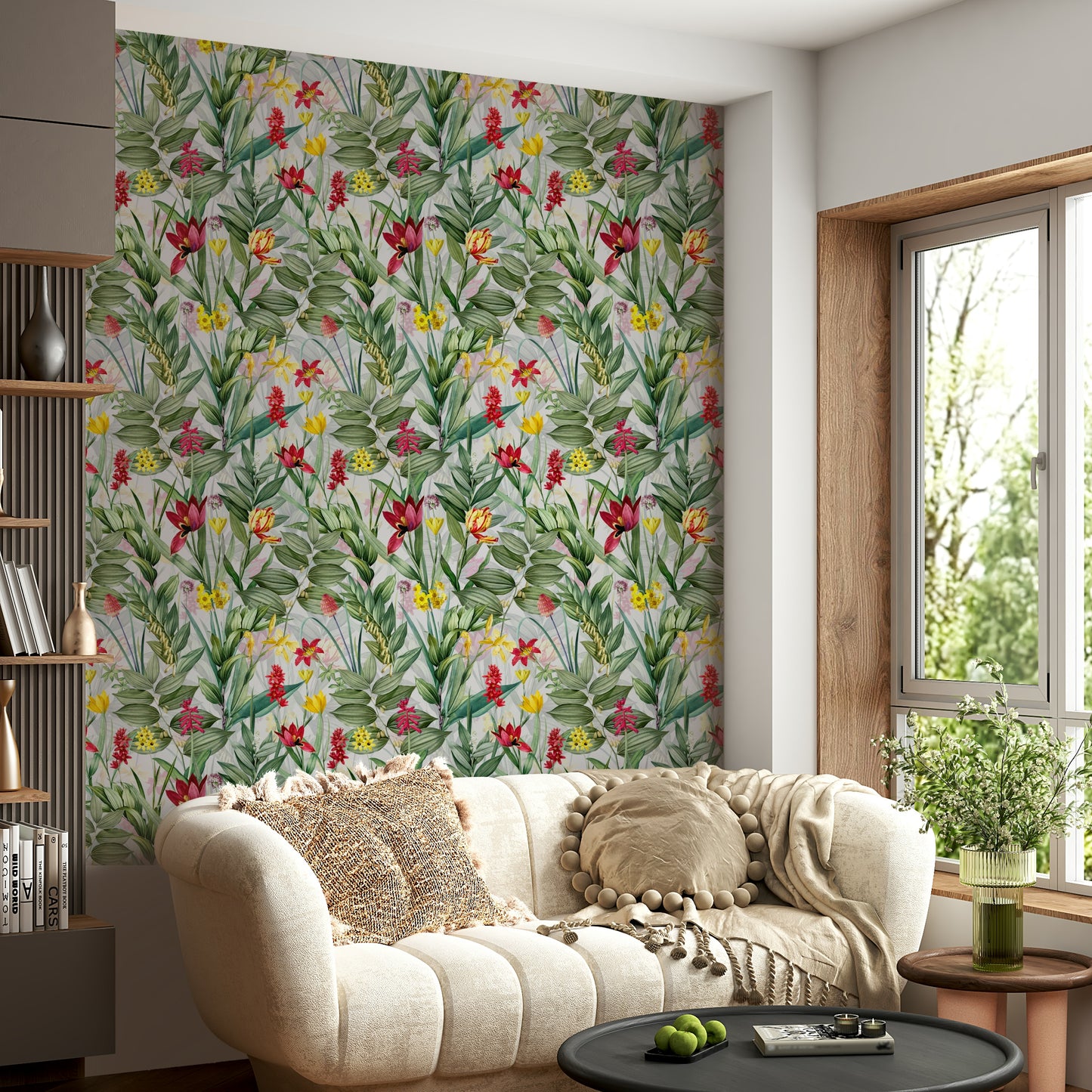 Bold garden floral wallpaper with vivid colors and blooms.

