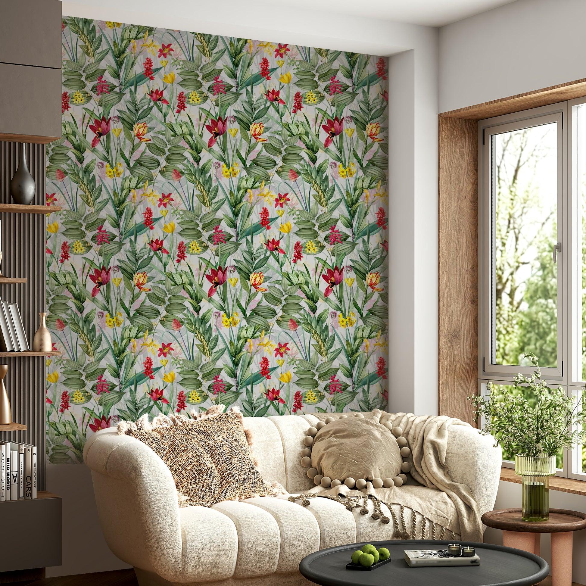 Bold garden floral wallpaper with vivid colors and blooms.

