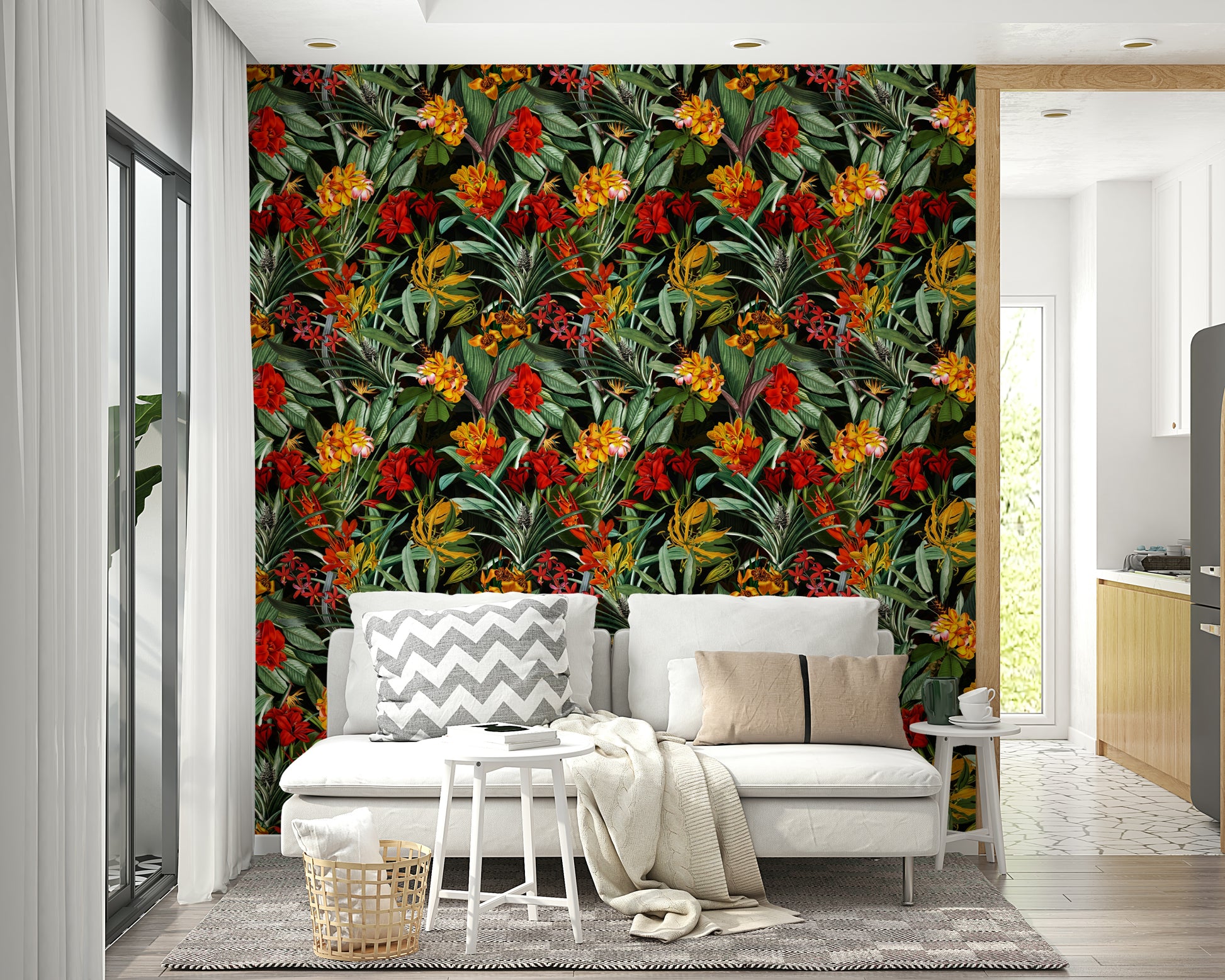 Abstract floral wall covering in deep, dramatic hues

