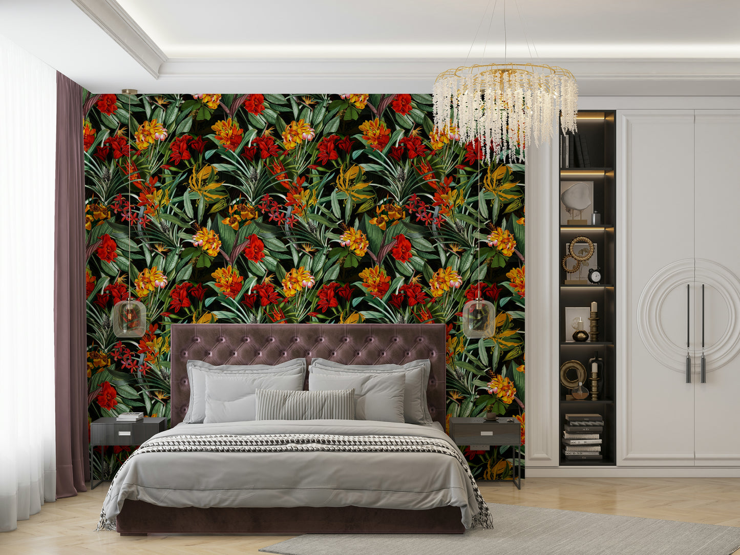 Night-inspired floral wallpaper with rich colors

