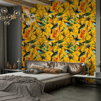 Elegant bird patterns on golden background wallpaper.

