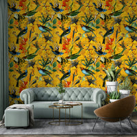 Decorative wallpaper with bird silhouettes in golden hues.


