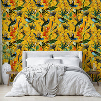 Chic golden hour bird wallpaper adding warmth to interiors.

