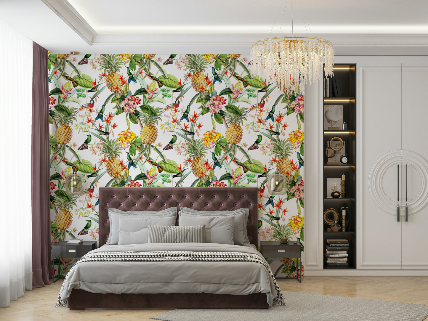Exotic hummingbirds perched on tropical branches wallpaper.


