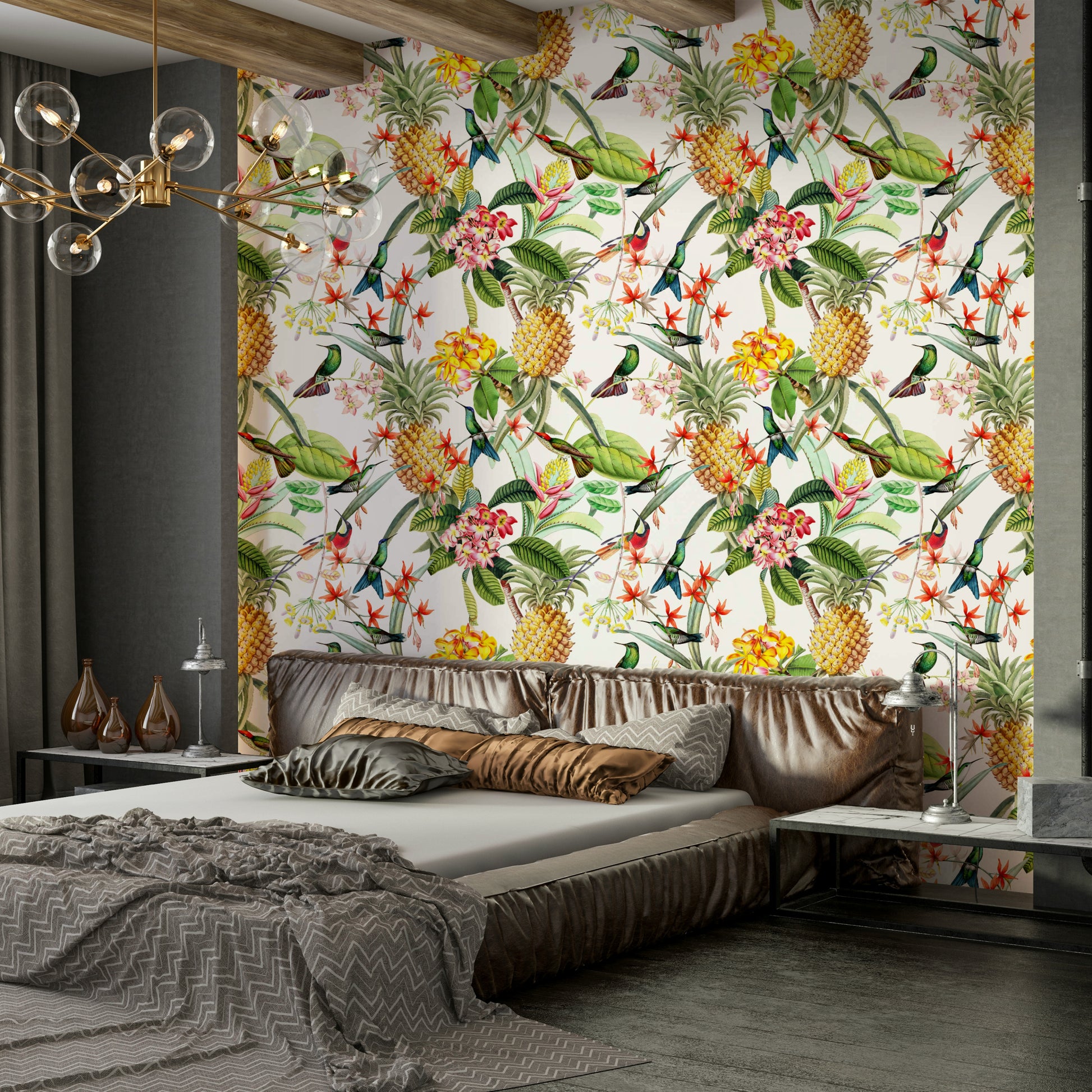 Vibrant hummingbird and flower wallpaper for tropical rooms.

