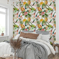 Tropical bird wallpaper with hummingbirds in vibrant colors.

