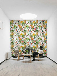 Tropical paradise wallpaper with vibrant hummingbird patterns.

