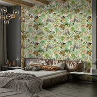 Luxury jungle wallpaper featuring exotic foliage and deep greens.

