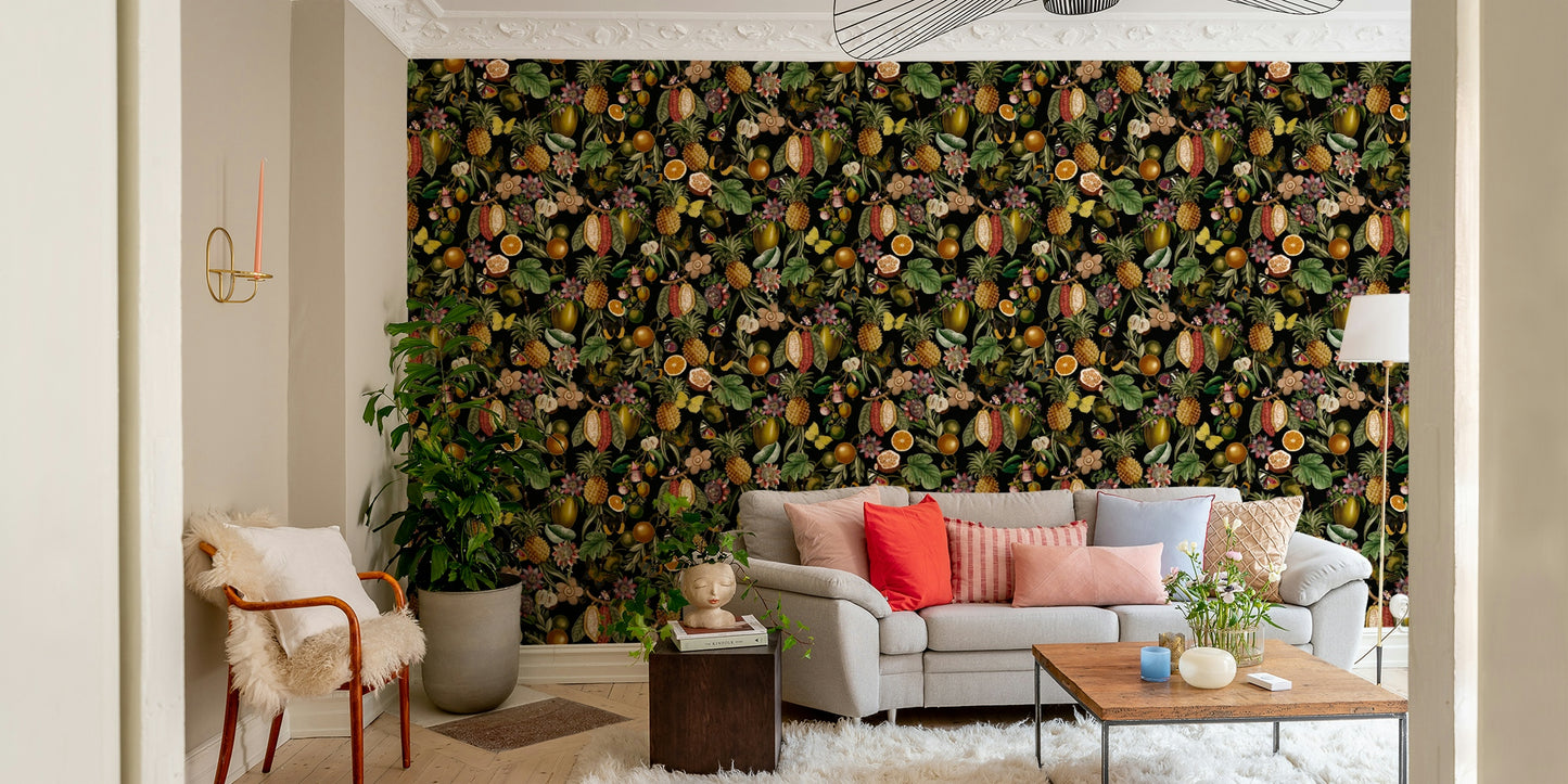 Lush green leaves and vibrant tropical flowers on wallpaper.

