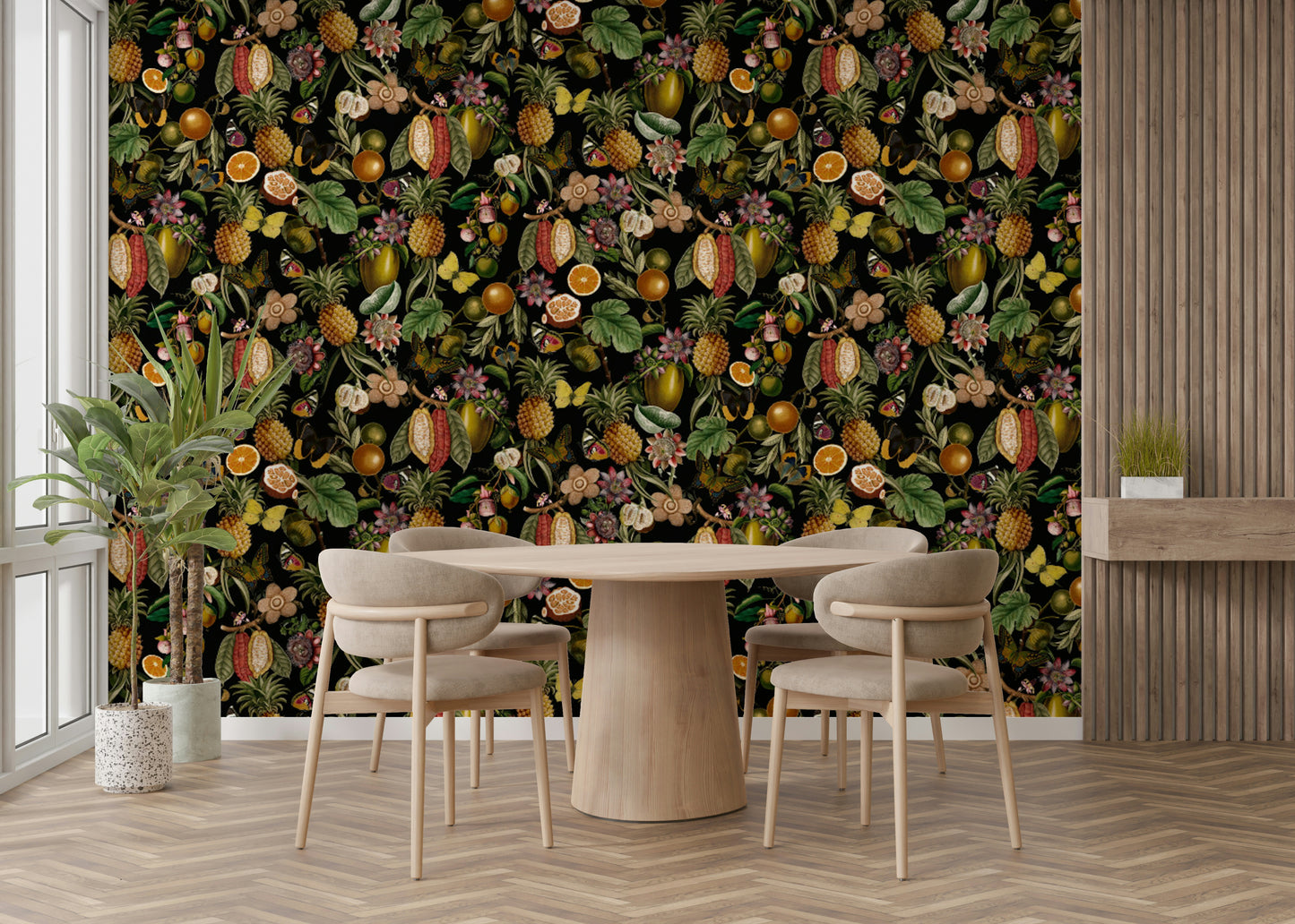 Bold botanical rhapsody with tropical florals and leaves.

