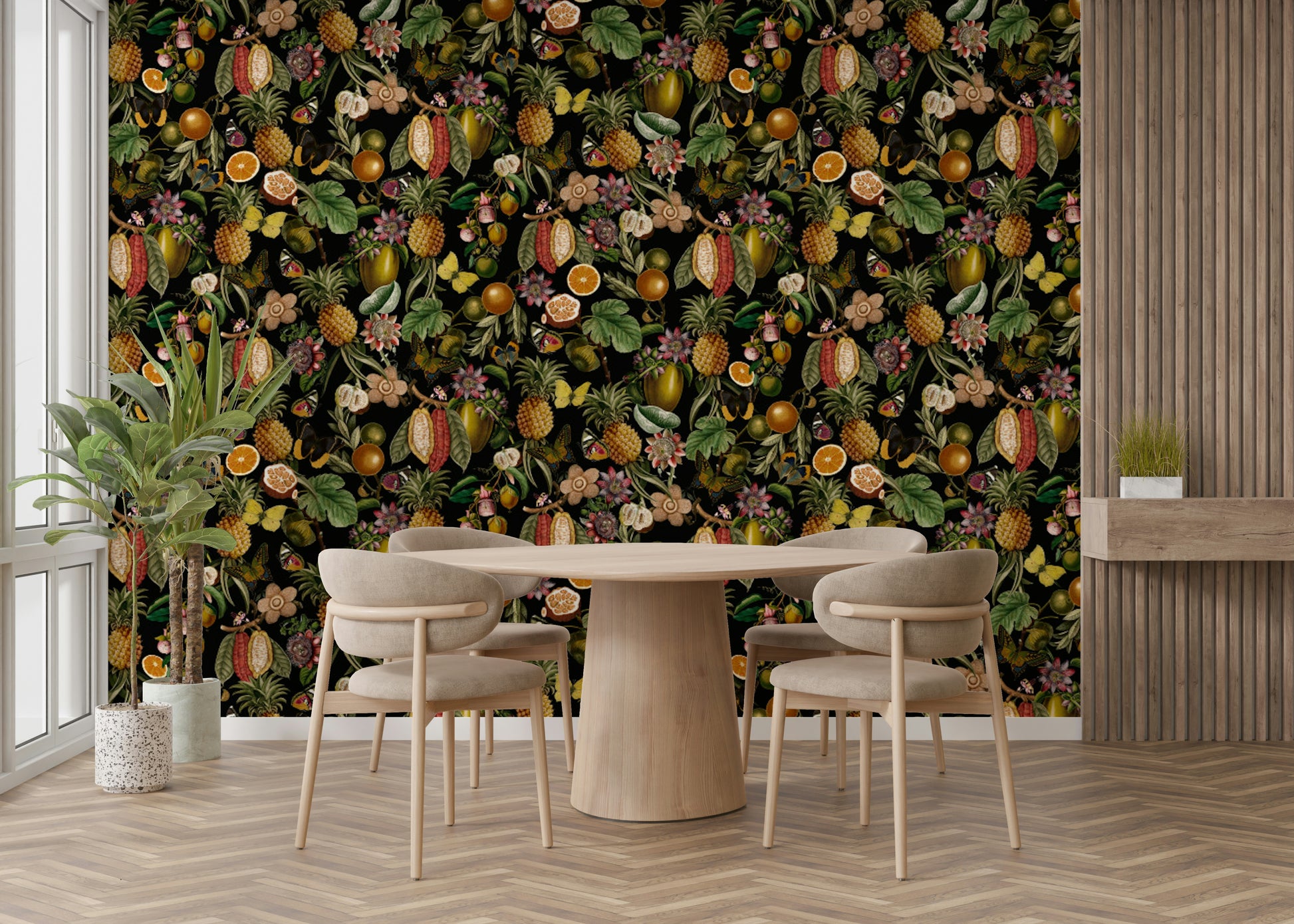 Bold botanical rhapsody with tropical florals and leaves.

