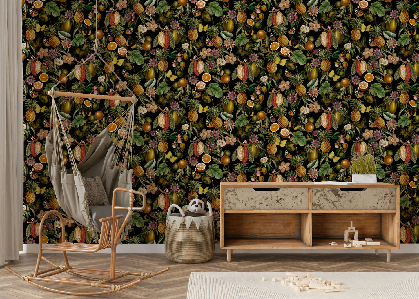 Lush greenery and tropical blooms featured in a modern wallpaper.