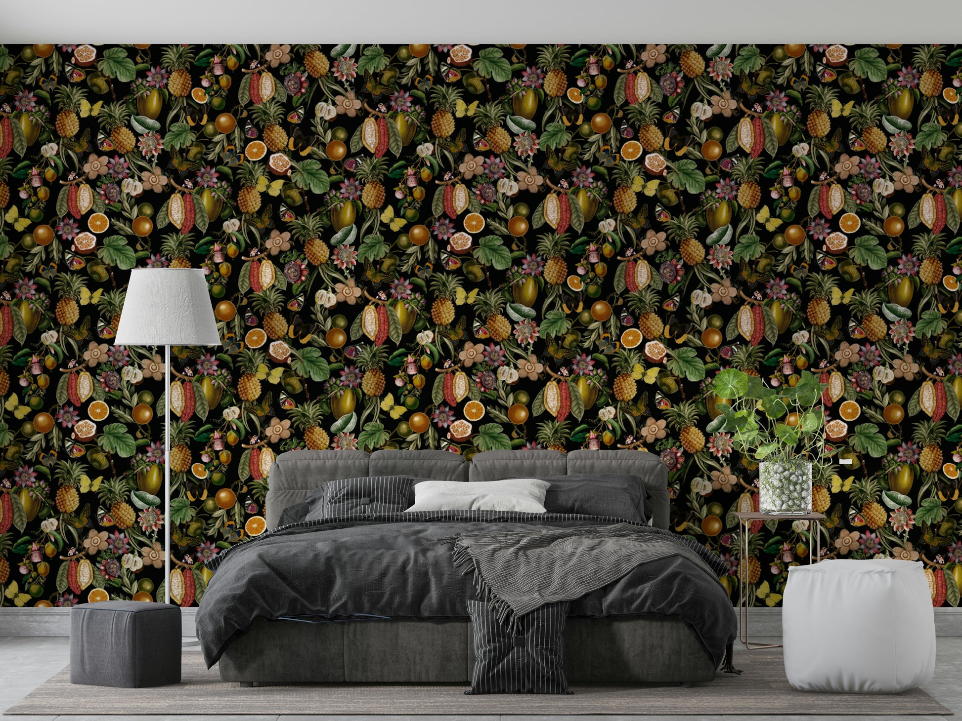 Lush tropical flora and exotic blooms decorate walls with elegance.