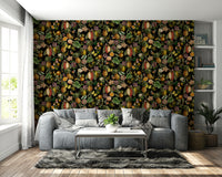 Elegant wallpaper design featuring tropical florals and foliage.

