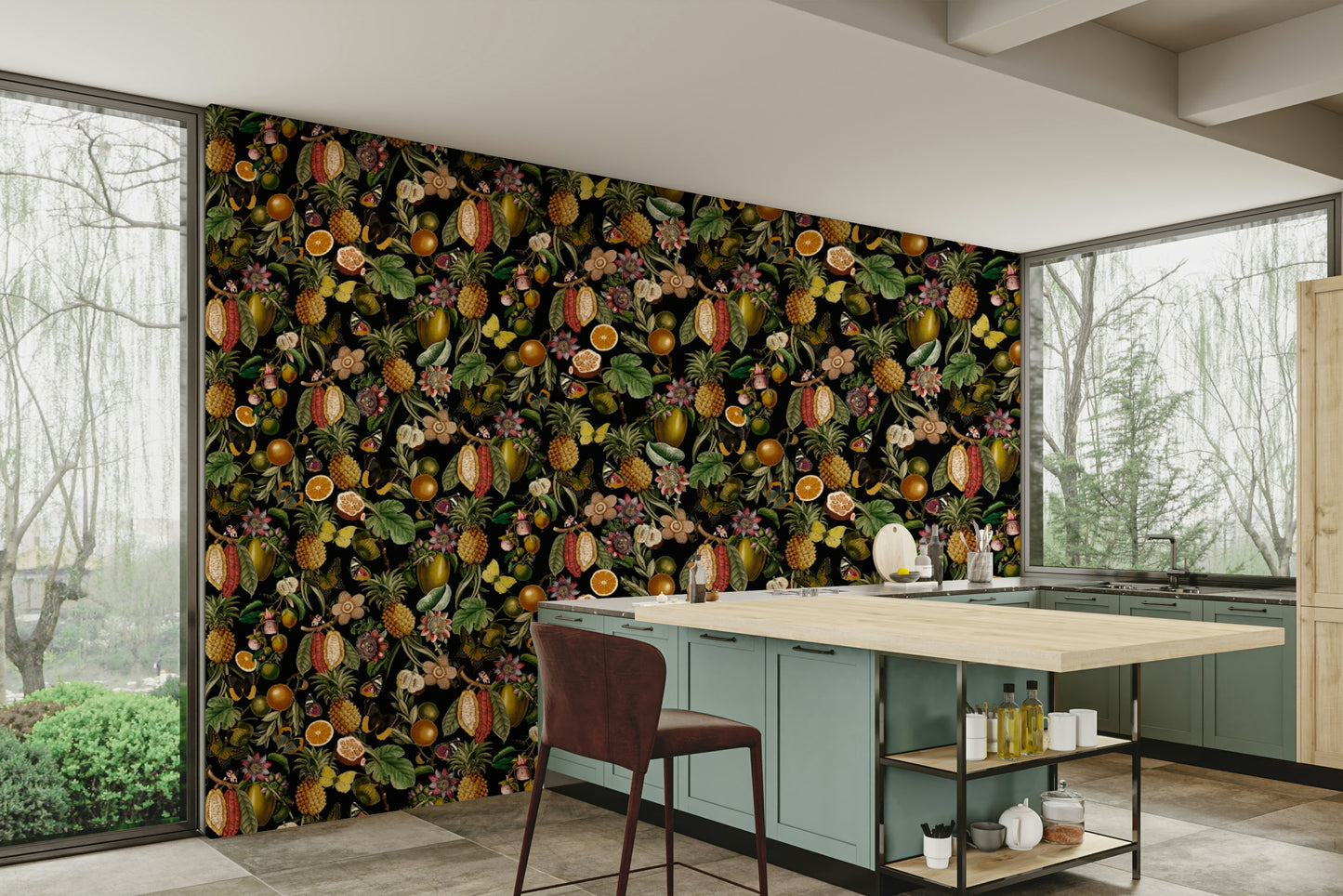 A vibrant and tropical botanical wallpaper for vibrant interiors.

