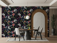 Elegant floral design in rich midnight tones on wallpaper.

