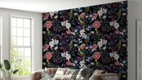 Dark floral wallpaper featuring midnight garden hues.

