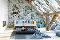 Charming white garden wallpaper with whimsical floral accents.

