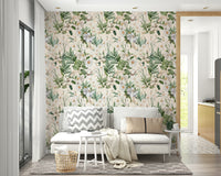 Elegant white wallpaper featuring whimsical garden elements.


