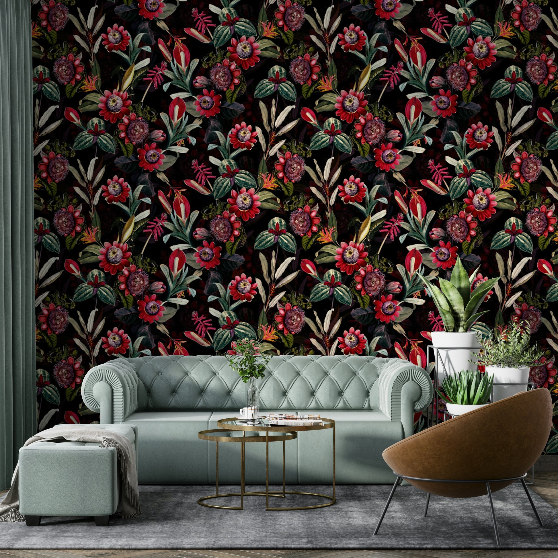 Modern wallpaper with dark blue and floral accents

