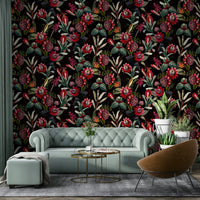 Modern wallpaper with dark blue and floral accents

