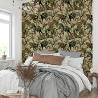 Tropical jungle design with vibrant leaves on wallpaper.

