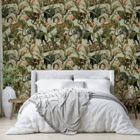 Lush green jungle wallpaper bringing nature indoors.

