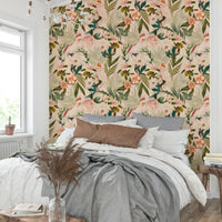 Lush tropical jungle with flying birds and green plants.

