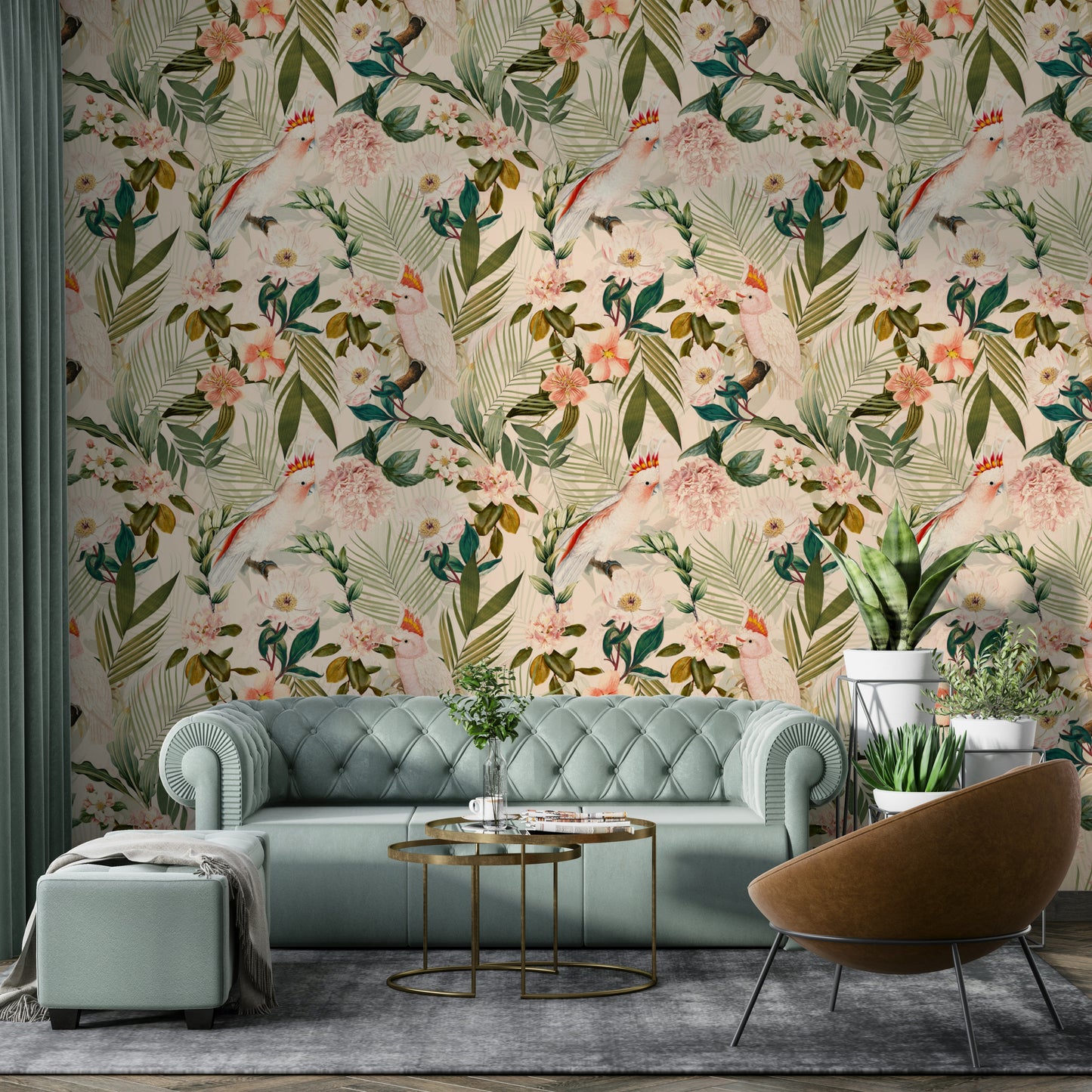 Tropical birds in a serene paradise scene on the wall.

