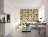 Lush tropical wallpaper with colorful birds and greenery.

