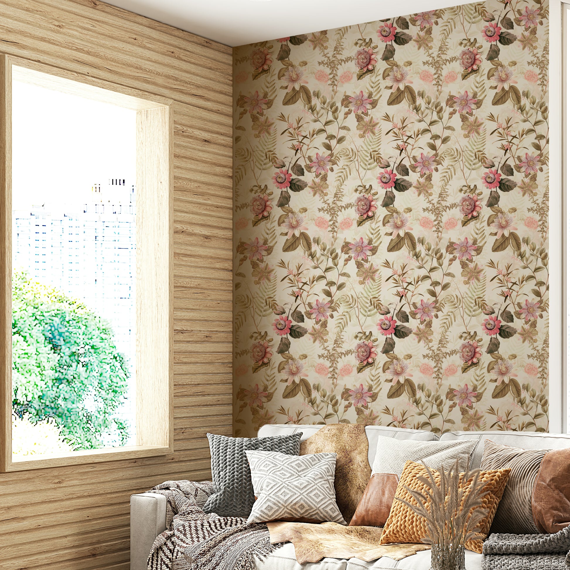 Passionflower Paradise wallpaper adding a tropical feel to rooms.


