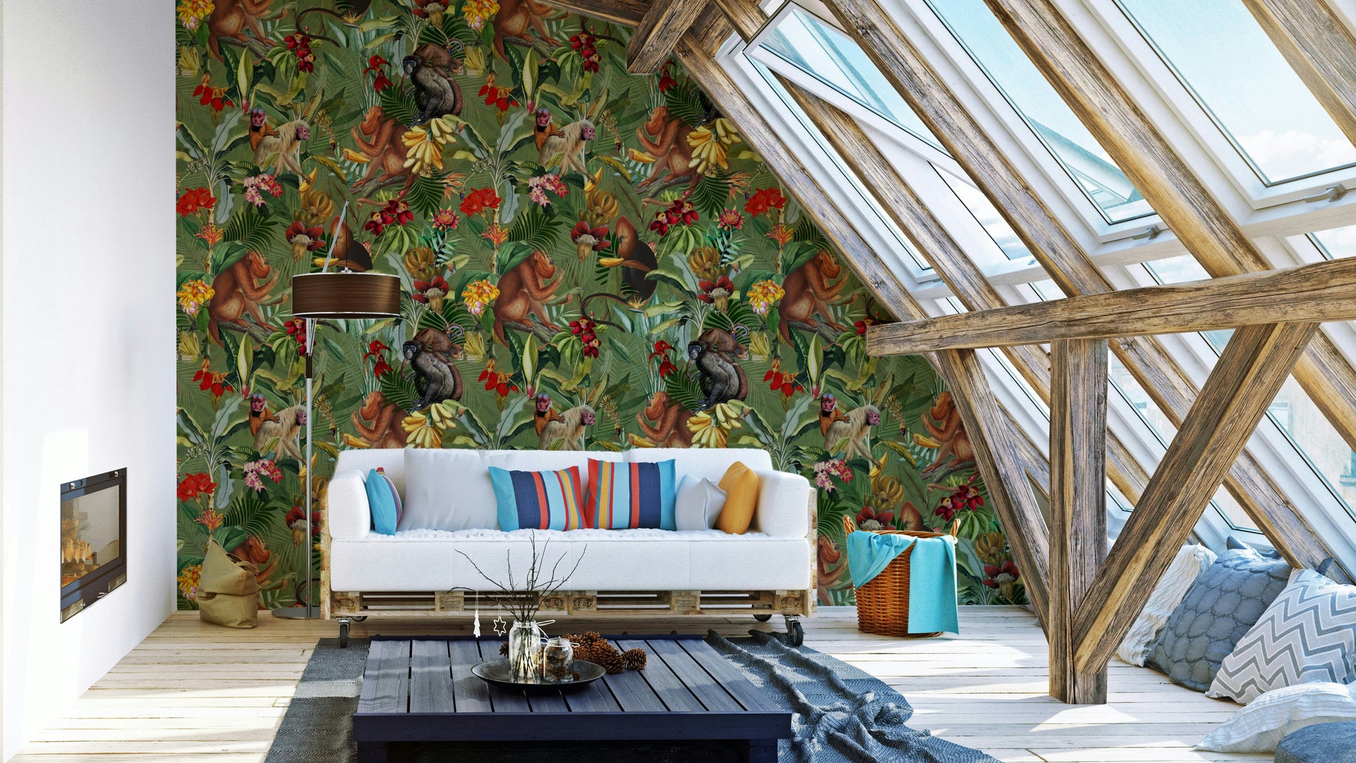 Jungle Rendezvous wallpaper featuring dense foliage design.

