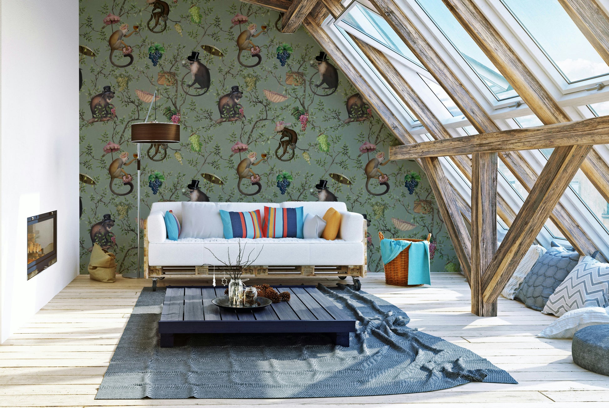 Whimsical monkeys in lush vineyard wallpaper


