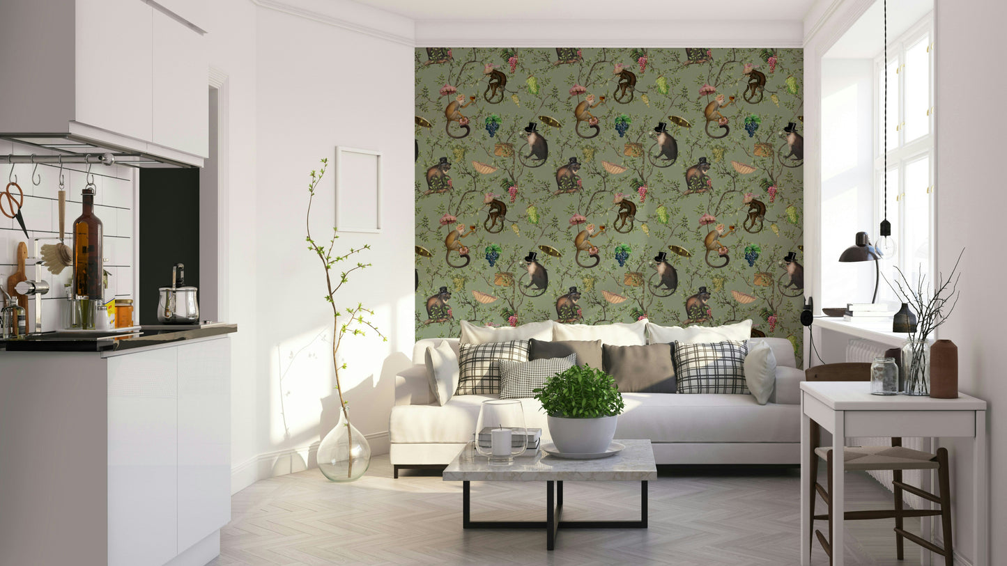 Playful monkeys in a vineyard wallpaper mural

