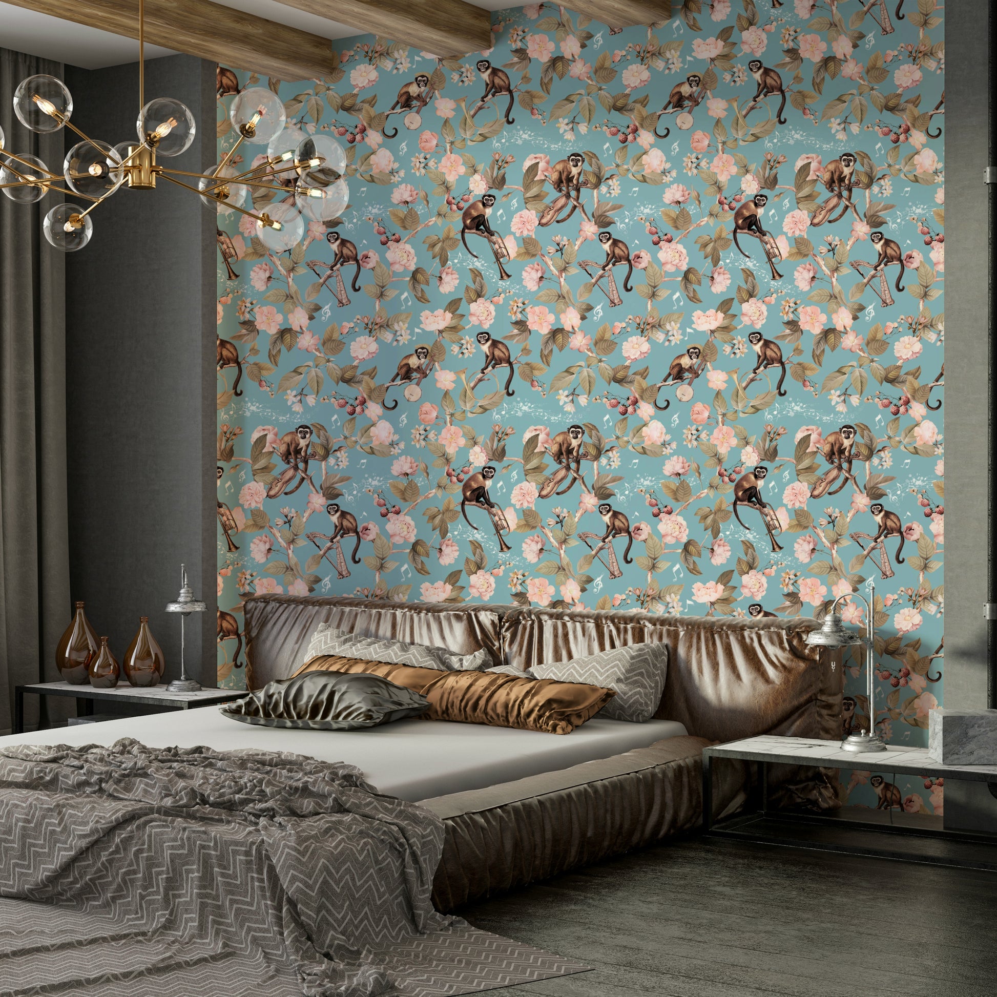 Musical monkeys playing instruments in the jungle wallpaper

