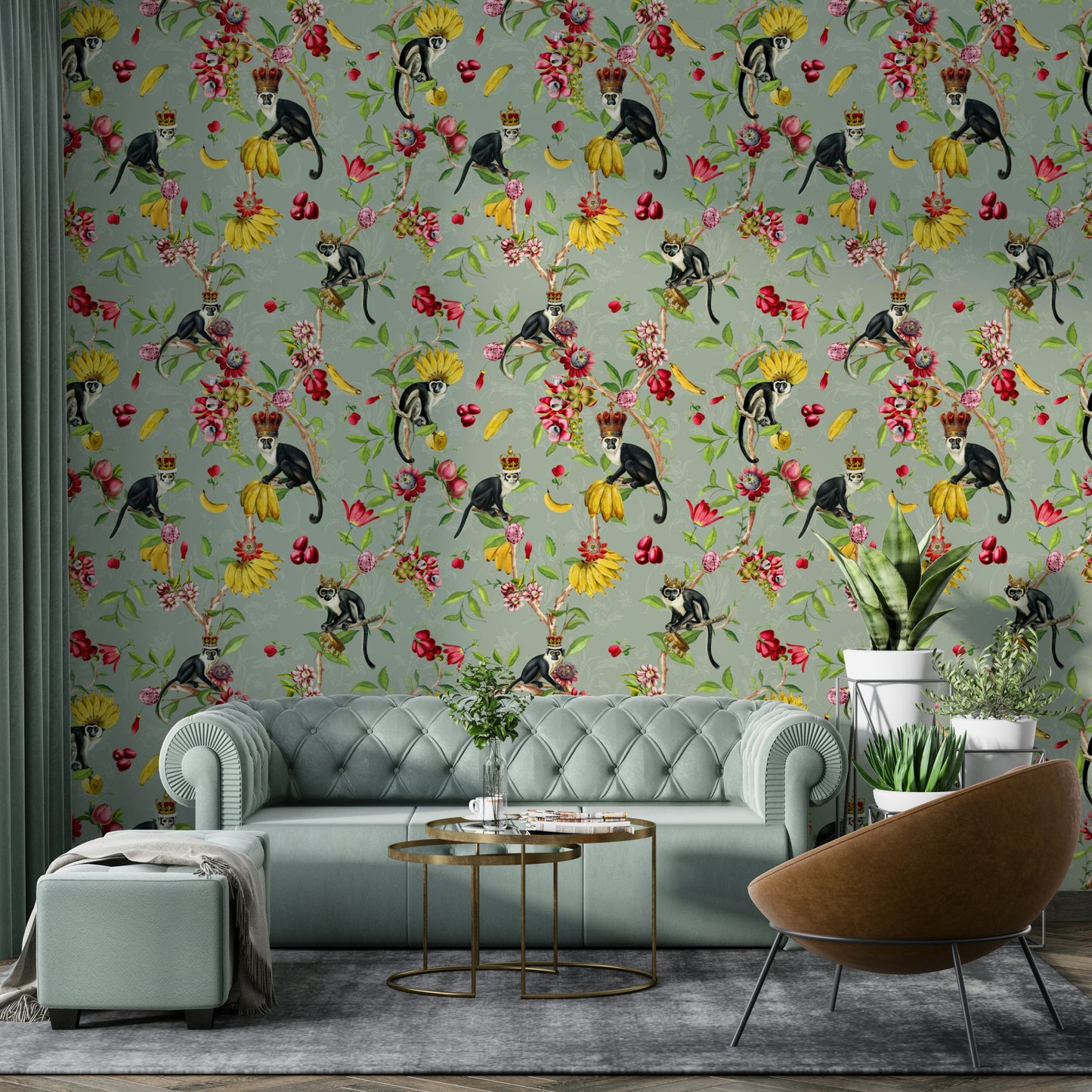 Exotic monarch butterfly on floral wallpaper

