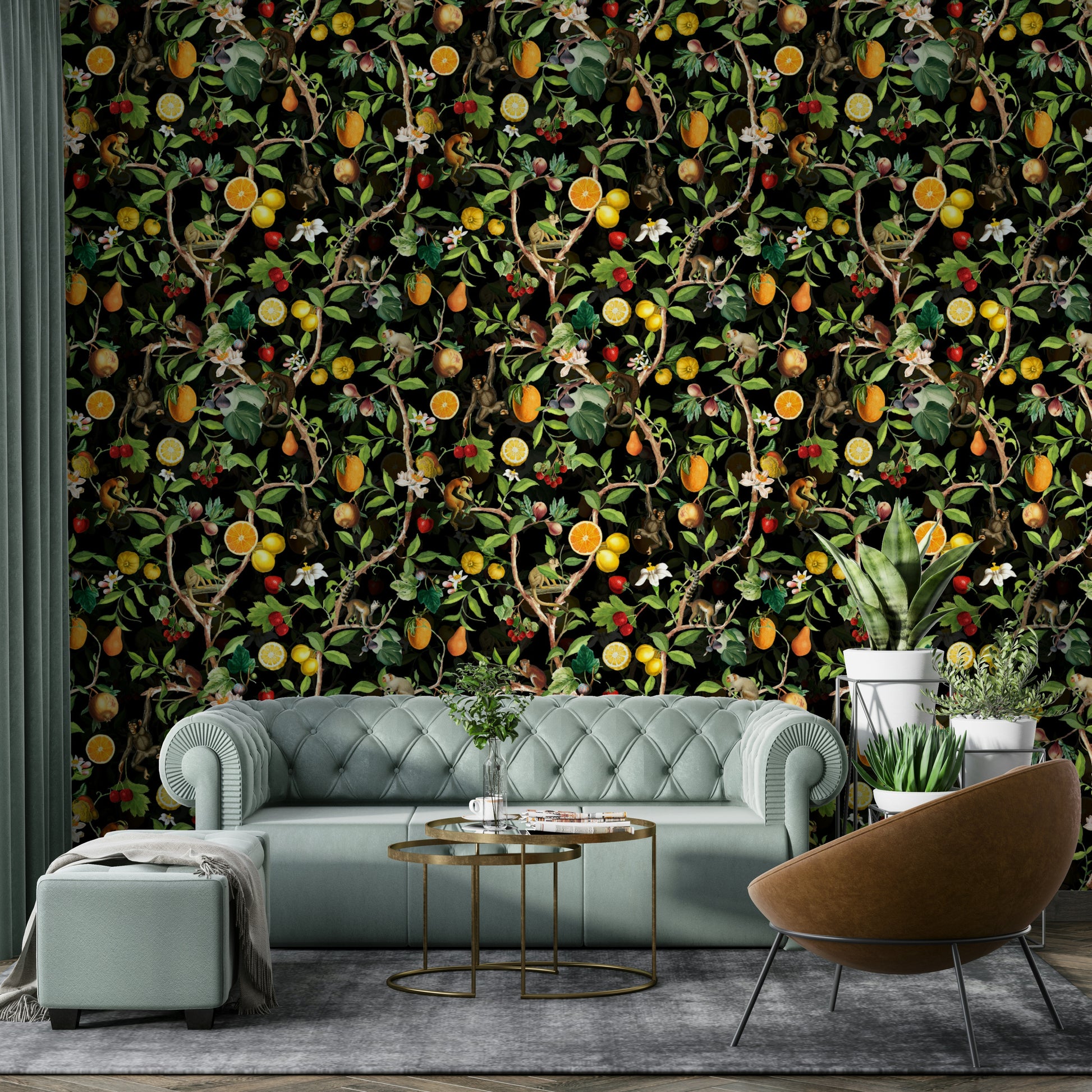 Primate wallpaper in a tropical jungle scene


