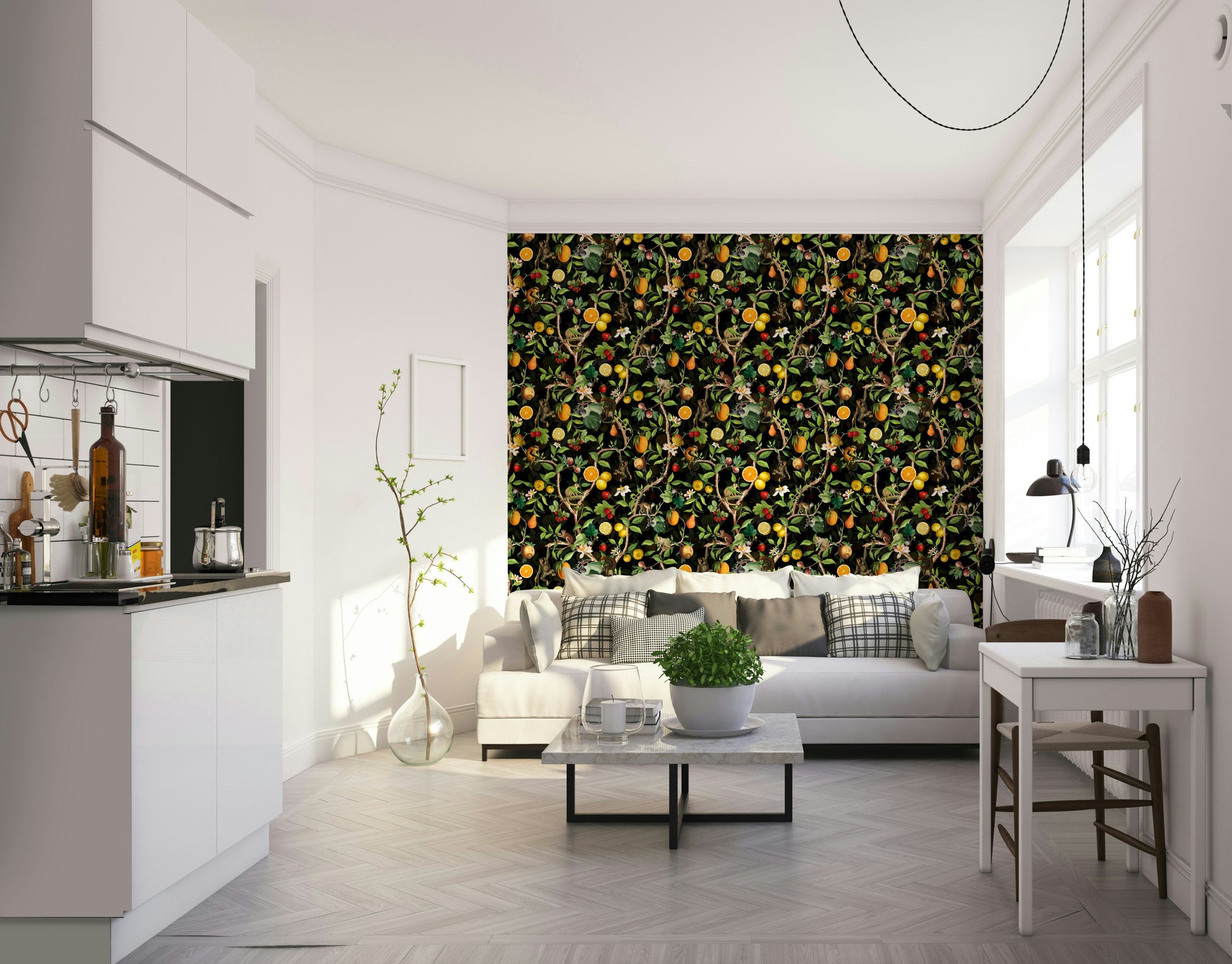 Lush greenery and playful monkeys in vibrant wallpaper

