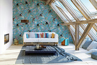 Nature-inspired wallpaper with monkeys and foliage.

