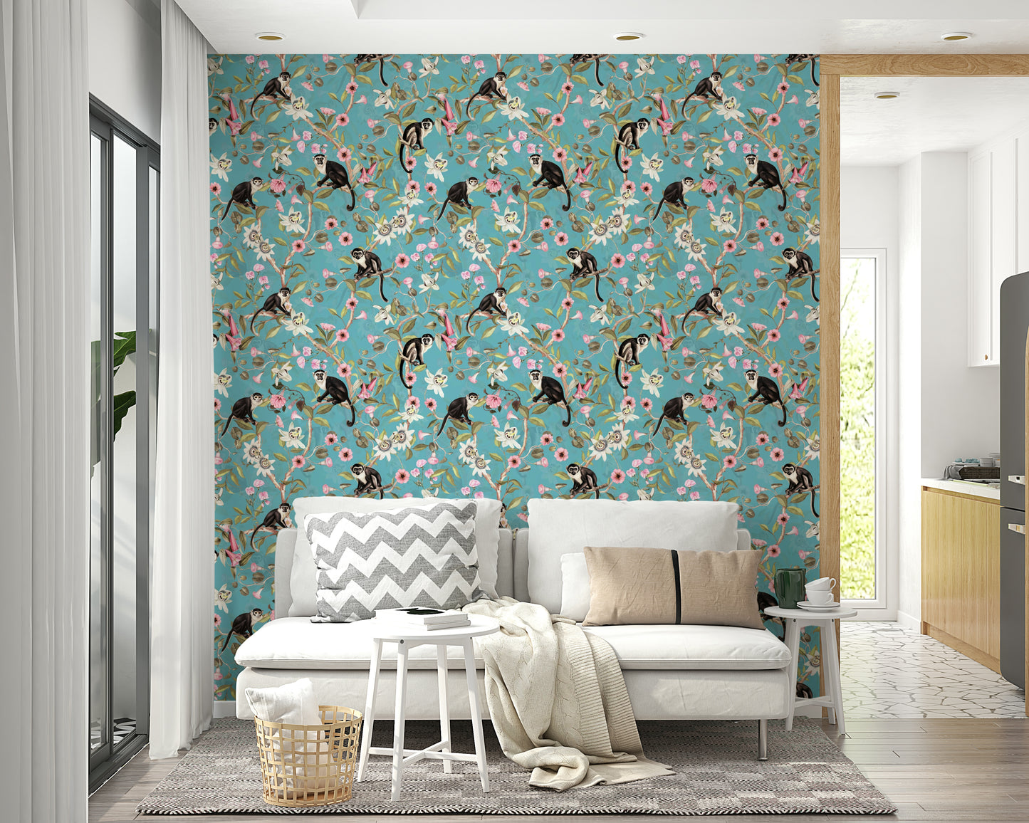 Bright and whimsical primates wallpaper for rooms.

