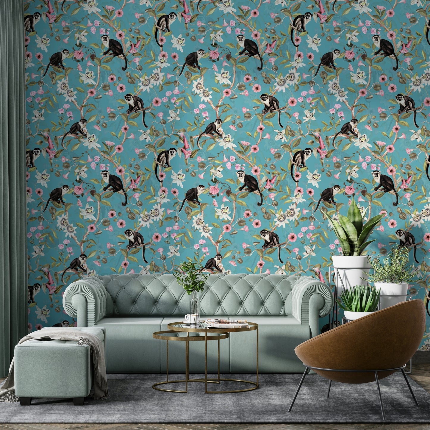 Fun monkey and plant-themed wallpaper for interiors.


